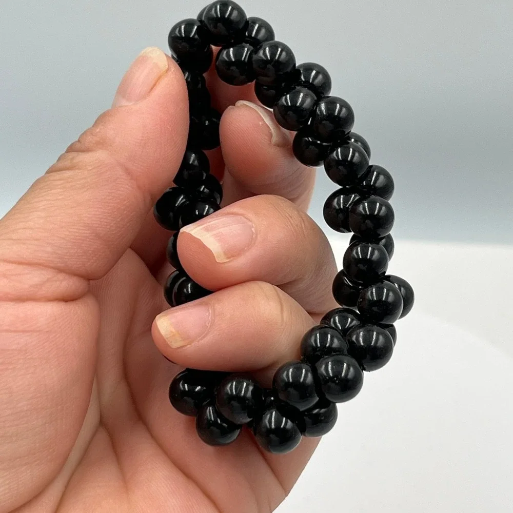 Vintage‎ Black Double Strand Beaded Stretch Bracelet Glossy Round Beads Classic